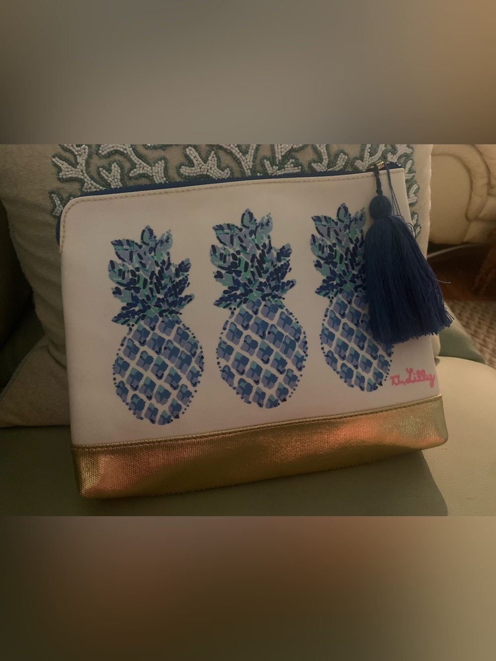 Lilly Pulitzer white blue and gold pineapple pouch with big blue tassel